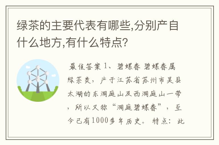 绿茶的主要代表有哪些,分别产自什么地方,有什么特点？